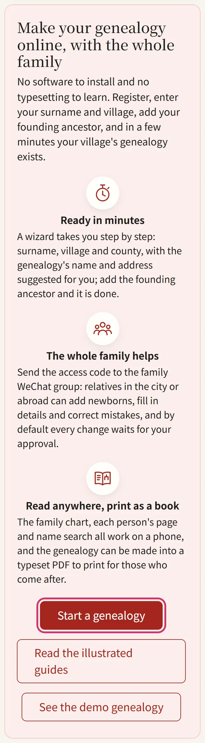 Start a genealogy, on the home page