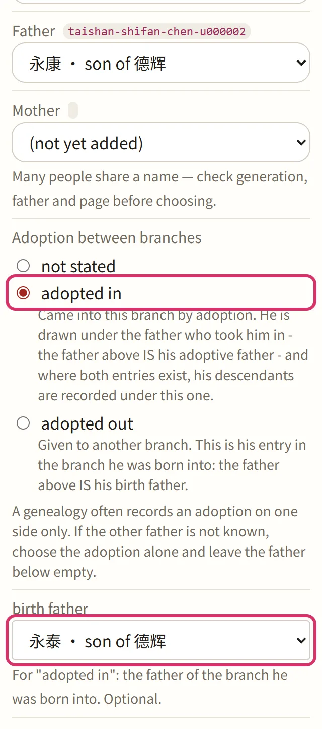 Adoption between branches: adopted in, with his birth father