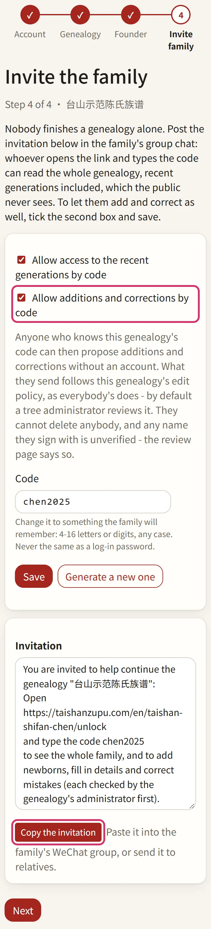 Step 4: the family code and the invitation, both boxes ticked and saved