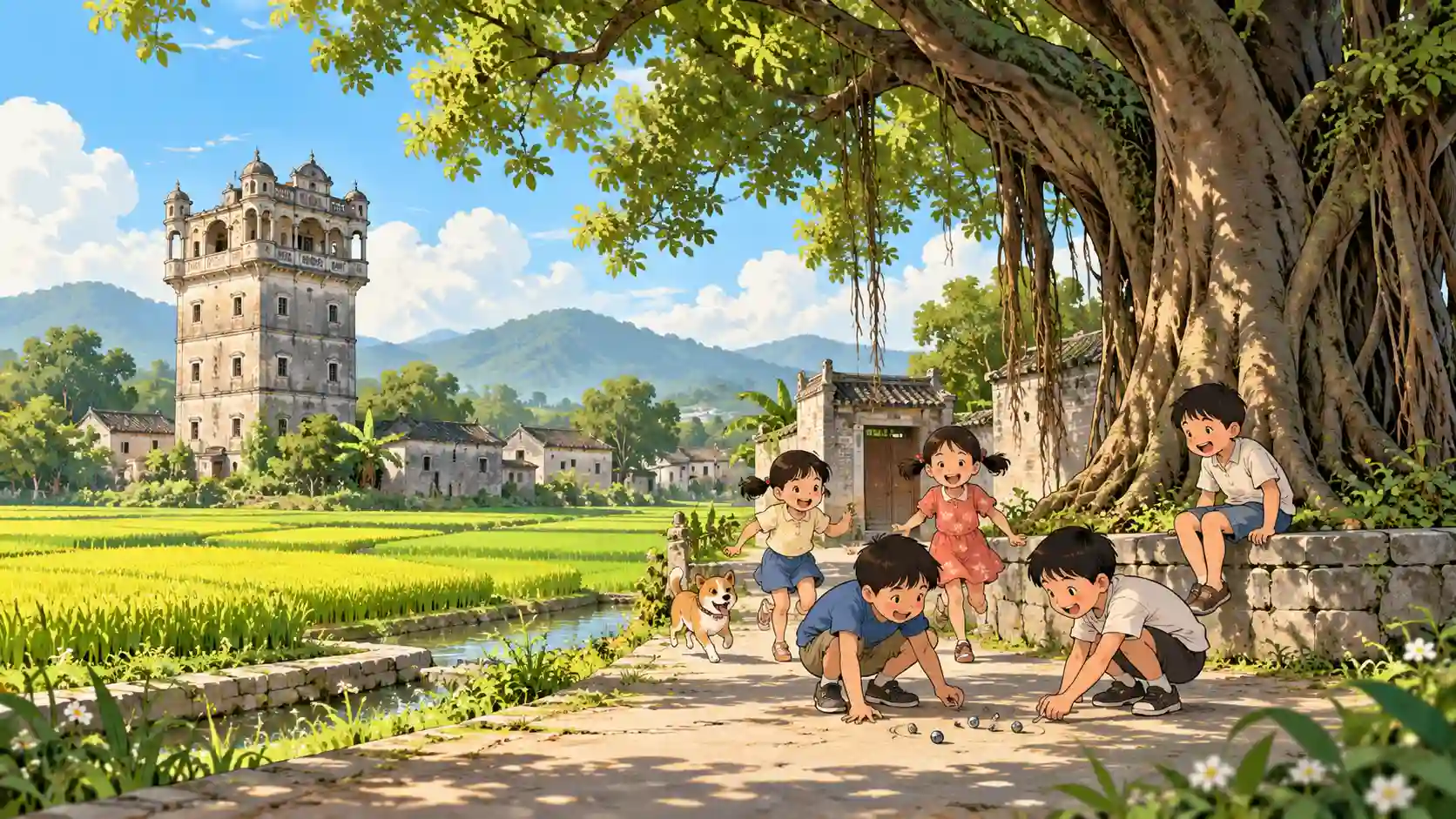 碉楼和稻田边，村口的大榕树下，孩子们在玩弹珠